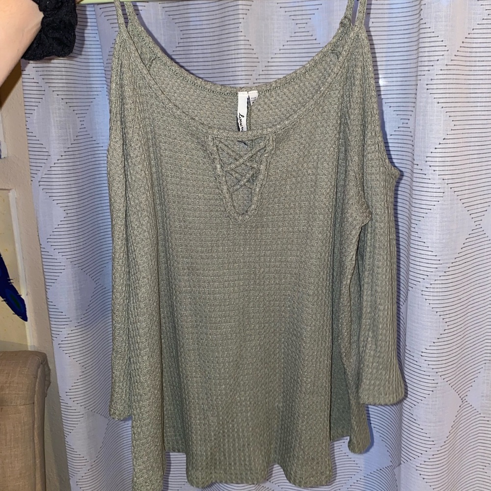 Green Long Sleeve Shoulder Cut Out Sweater